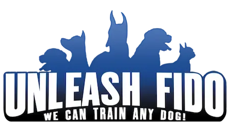 Unleash Fido dog training logo with silhouettes of dogs and tagline 'We Can Train Any Dog' – Jacksonville FL.